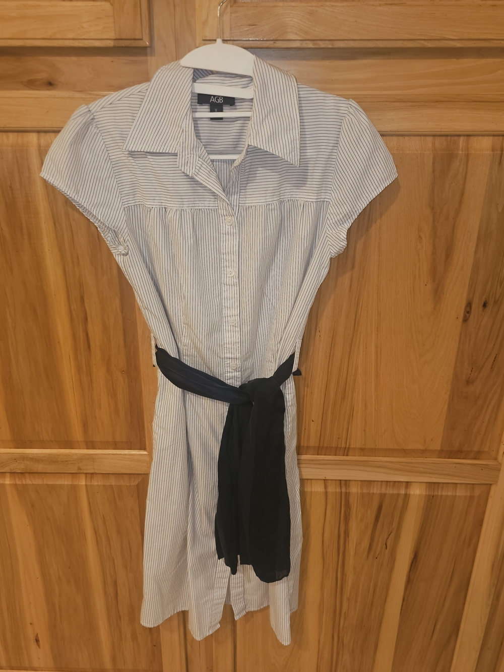AGB White and Navy Pinstripe Shirt Dress with Navy Waist Tie
